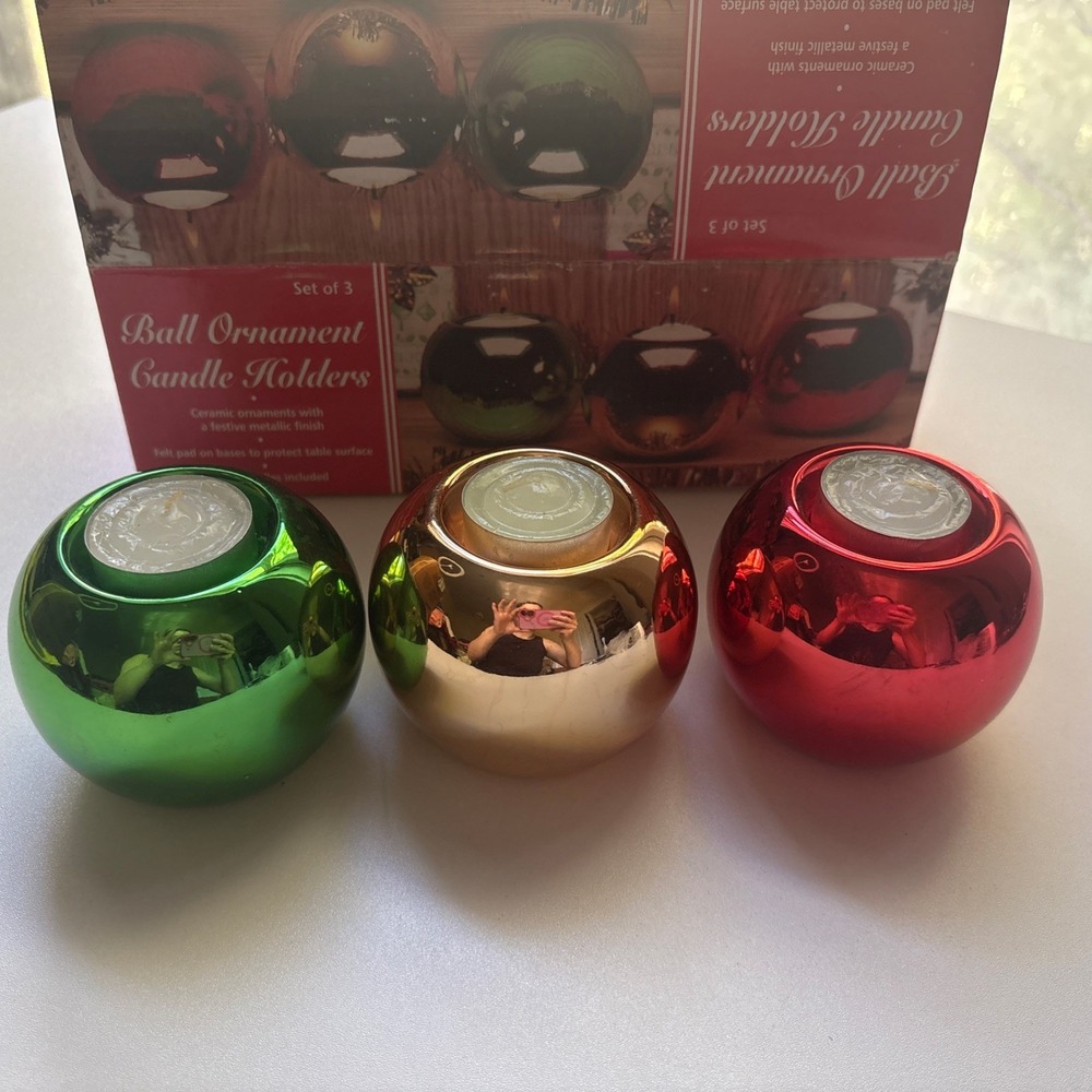 Vintage Ceramic Metallic Ball Christmas Ornament Candle Holder Set of 3